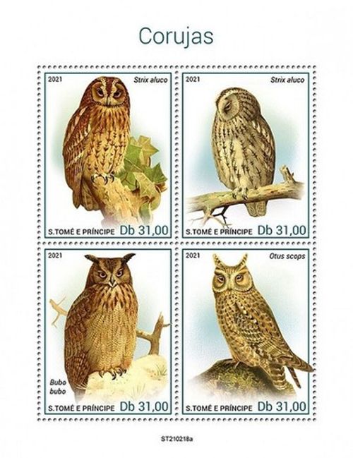 Owls BIRDS OF PREY Birds/Bird MNH 4v-Stamp Sheet #1600 (2021 Sao Tome)