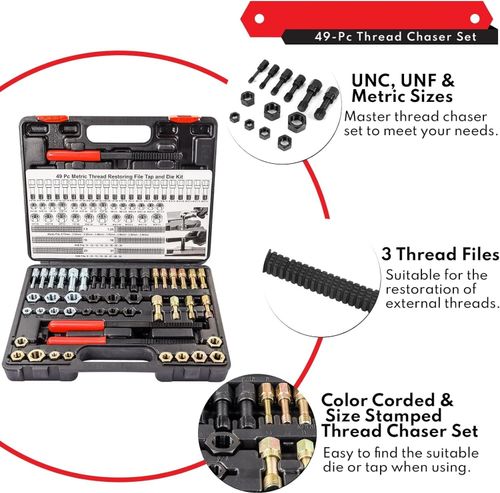 49PCS Thread Repair Chaser Tool Thread Restorer UNC UNF Metric File Tap Die Kit — image 4