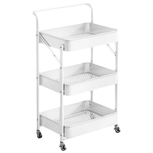 3 Tier Folding Trolley Cart Metal Storage Rack Rolling Shelf Beauty Office Wheel