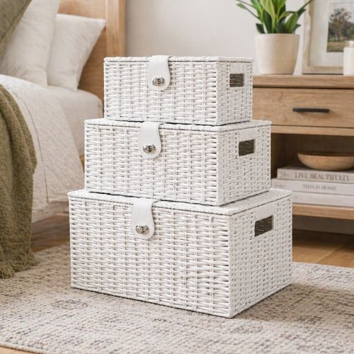 Wicker Storage Basket White x3 Laundry Hamper Stackable Lid Lock Home Decor — image 22