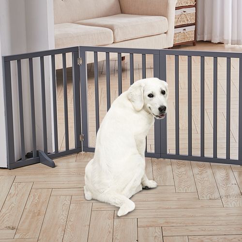3 Panels Foldable Pet Gate Play Pen Wooden Divider Fences Barrier Doorway Grey — image 2