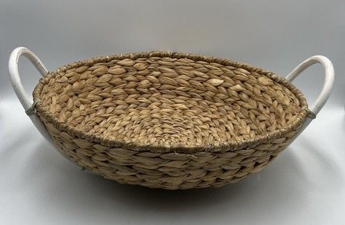 Woven Raffia Bread Basket w Handles Wicker Fruit Large Vintage 40 x 35 x 10cm