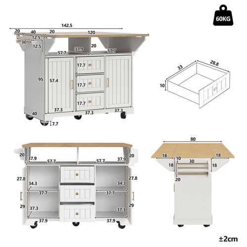 Kitchen Island on Wheels Rolling Storage Trolley with Extendable Worktop, White — image 8