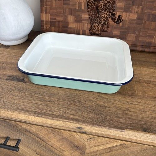 M&S Mint Green Enamel Roaster / Baking Dish | Blue Trim | 29cm x 22cm RRP £12