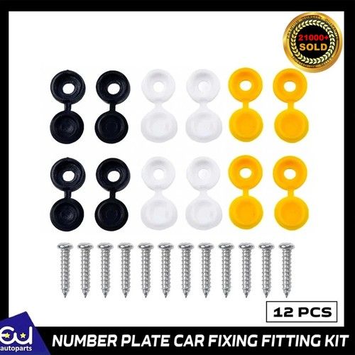 12 x NUMBER PLATE CAR FIXING FITTING KIT SCREWS & CAPS HINGED BLACK YELLOW WHITE