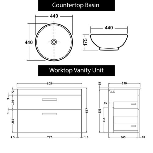 Bathroom Worktop Vanity Unit Countertop Basin 2 Drawer Wall Hung Multicoloured — image 4