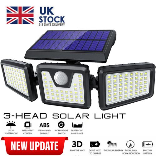 3-Head 74 LED Solar Powered PIR Motion Sensor Wall Garden Security Flood Lamp — image 4