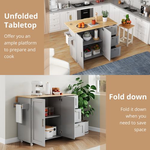 Kitchen Island on Wheels, Rolling Storage Trolley w/ Drop Leaf, 3 Drawers, Grey — image 5