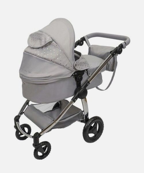 Grey 2-in-1 Doll Travel System Foldable & Detachable Carry Cot Pram for Kids 3+