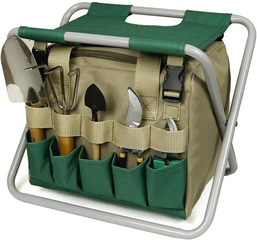 Garden Tool Bag Folding Stool Seat Portable Organizer with Storage Pockets