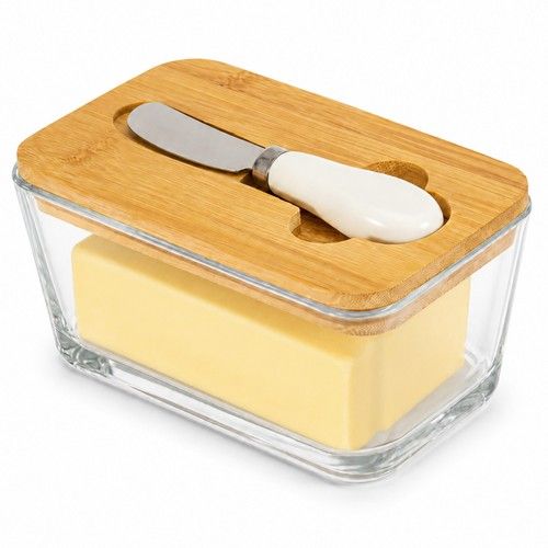 Bamboo Lid Glass Butter Keeper – 1pc Clear Butter Dish for All Sizes, Ideal Kitc