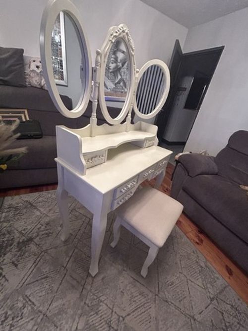 Creme Shabby Dressing Table 7 Drawers Triple Oval Mirror Stool 89x40x94