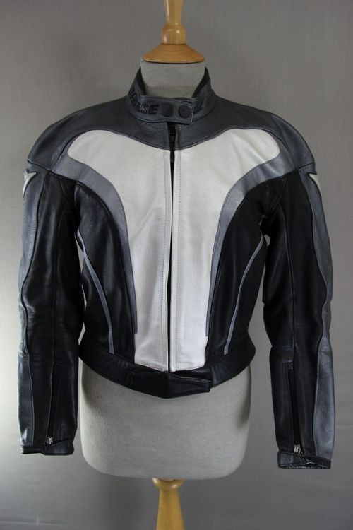DAINESE ITALIAN MADE BLACK, SILVER & WHITE LEATHER BIKER JACKET + CE ARMOUR 34" — image 1
