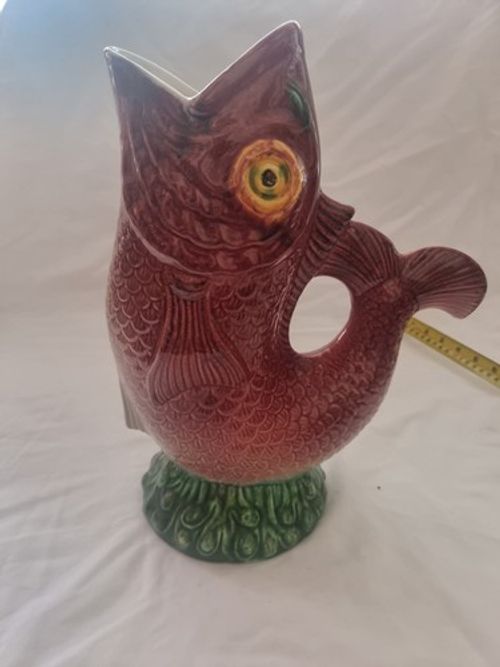 Portugese  Ceramic Pitcher Jug Red & Green  14 in. Early 20th Century