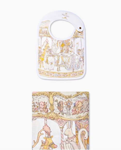 Atelier Choux Baby Girls Carousel Swaddle And Satin Bib Gift Set in Pink — image 1