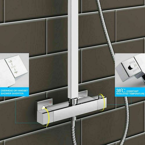Bathroom Mixer Shower Thermostatic Dual Head Square Rainfall Head Handset Chrome — image 12