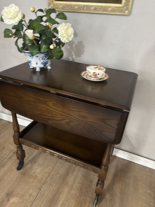 Beautiful Vintage Oak Drop Leaf Trolley With Drawer — image 4