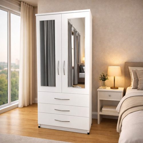 Pre-Assembled 2 Door Mirrored Wardrobe with Drawers – Modern Bedroom Storage