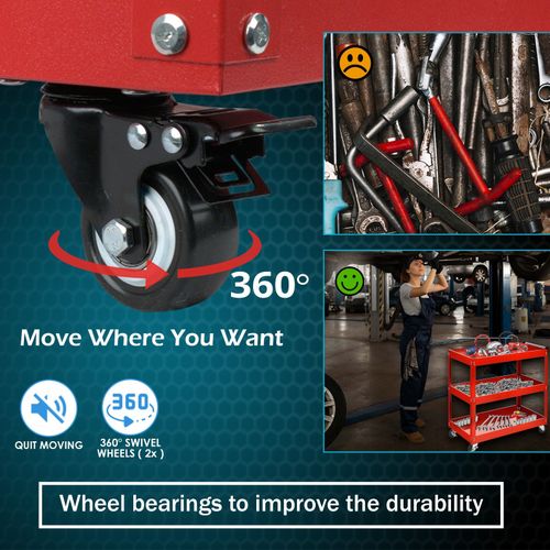 Tool Storage Heavy Duty Garage Trolley Workshop 3 Tier Wheel Cart DIY Red UK — image 4