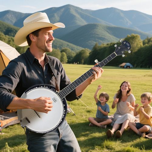 5 String Banjo 38 Inch Full Size, Closed Back Mahogany with 24 Brackets, Strap — image 6