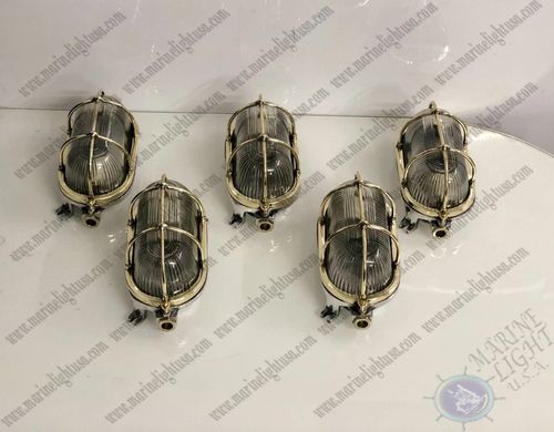 Nautical Wall/Ceiling Bulkhead Aluminum & Brass Ship Oval Antique Light Set of 5 — image 1