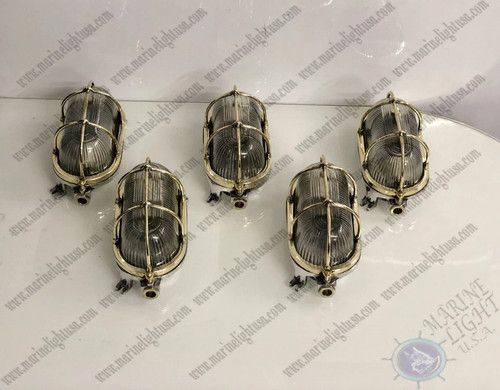 Nautical Wall/Ceiling Bulkhead Aluminum & Brass Ship Oval Antique Light Set of 5