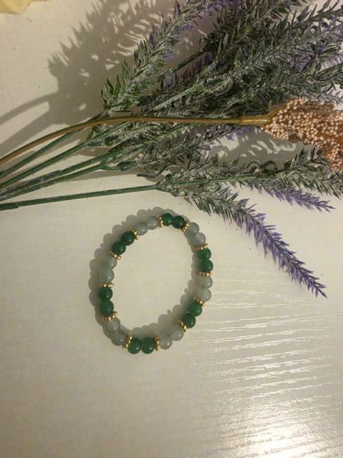 Green & Grey Stone Beaded Stretch Slip-On Bracelet Round Beads Ball/Bead Chain