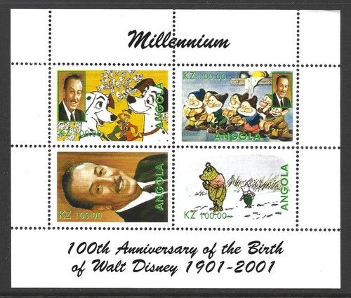 Angola 2001 Walk Disney Millennium, 100th Anniversary, MNH M/S Sheet #M2785