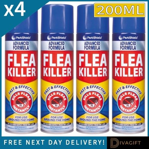 4 x FLEA KILLER SPRAY 200ML AEROSOL ANIMAL DOG CAT PET BED FOR HOME FLEA CARE