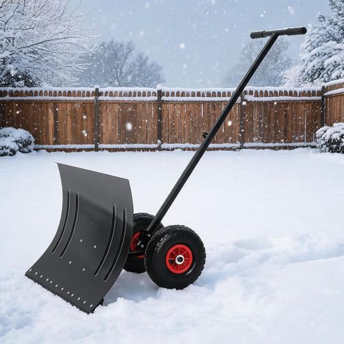 Wheeled Snow Pusher Adjustable Handle Back-Saving Snow Removal For Driveway Yard — image 1
