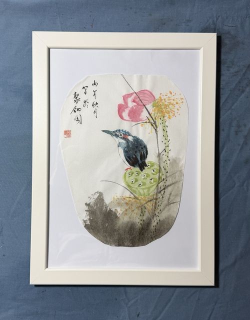 Yeh Signed Chinese Asian Style Framed Paper Painting Flowers Birds Dragonfly — image 9