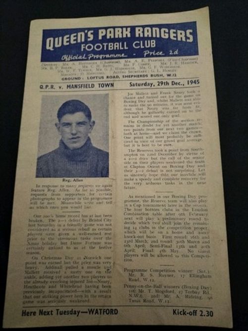 VINTAGE QUEENS PARK RANGERS V MANSFIELD TOWN 29TH DECEMBER 1945