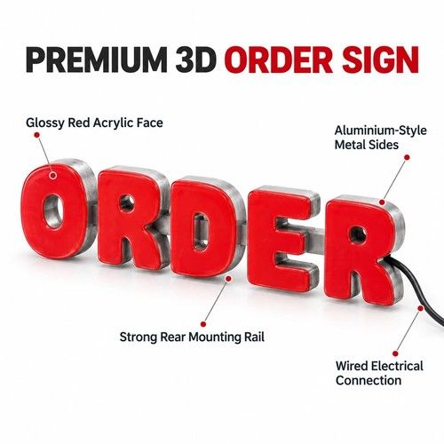 Red LED “ORDER” Shop Sign – Illuminated 3D Metal Letters