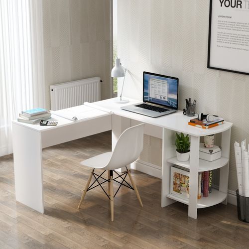 MONDEER L-shaped Computer Desk White Corner Table Workstation Office Study Shelf — image 3