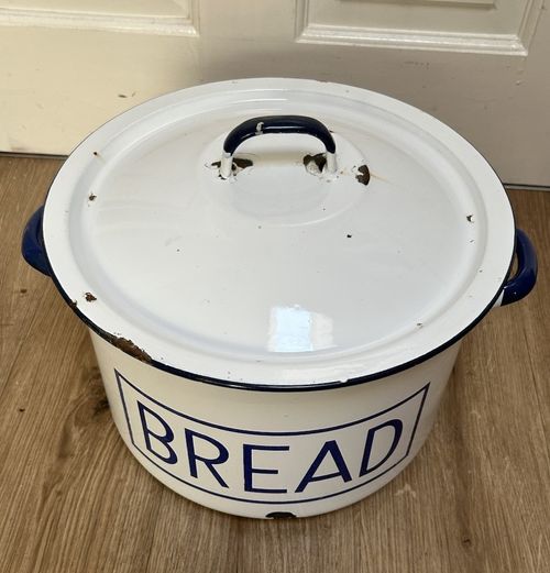 Large Vintage Enamel Bread Bin Polish Kitchenalia - Blue and White Lidded Bin — image 6