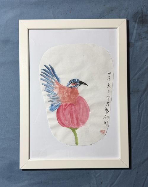 Yeh Signed Chinese Asian Style Framed Paper Painting Flowers Birds Dragonfly — image 15