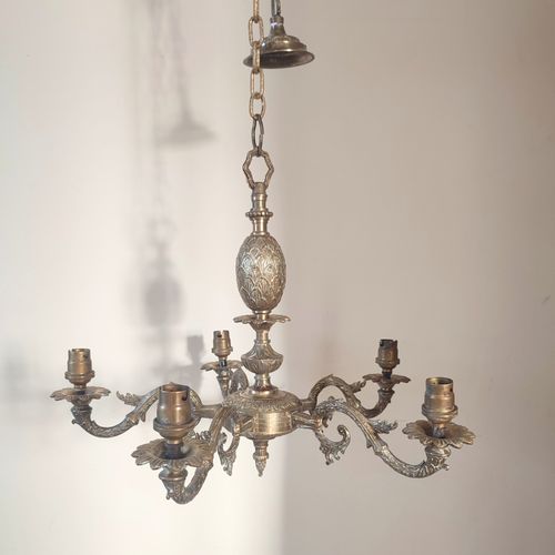 Antique Brass Five-Arm Chandelier – Ornate Rococo Revival Ceiling Light (c.1900) — image 3