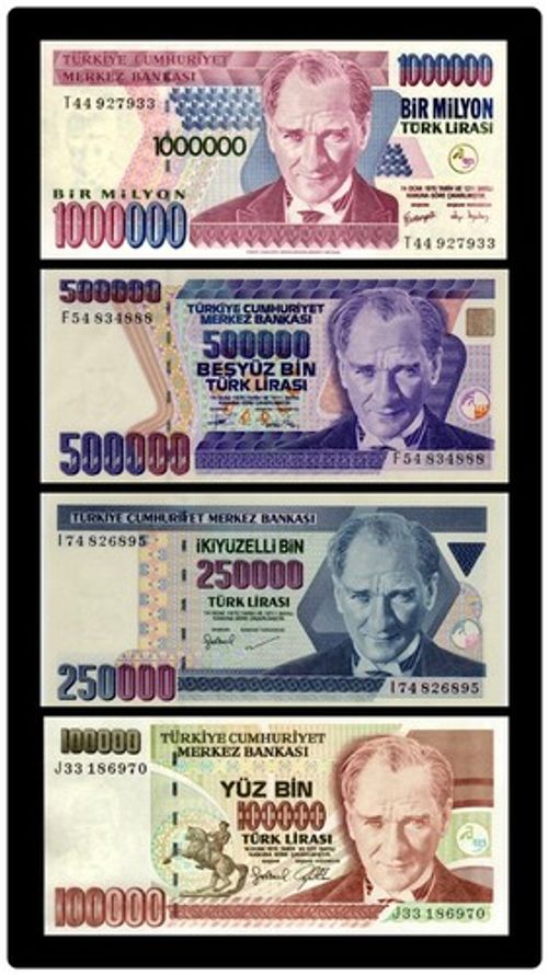 TURKEY 1,000,000 500,000 250,000 100,000 LIRA 4 Pcs 1997-2002 UNC BANKNOTE SET