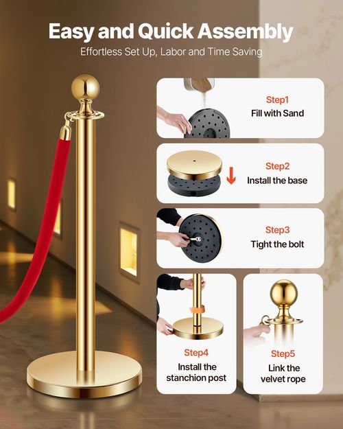 VEVOR 4 Pcs Gold Stanchion Post 2 Red Velvet Ropes Sand Injection Hollow Base — image 4