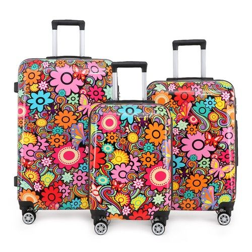Hard Shell 4 Wheel Suitcase Set Flower Print Luggage Lightweight Cabin Travel