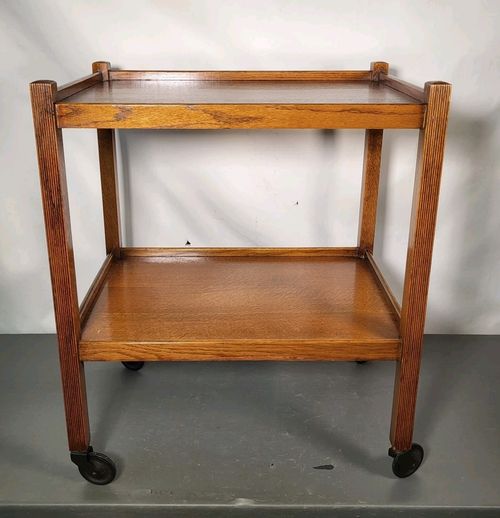 Mid Century Oak Serving Drinks Trolley Two Tier Cocktail Trolley Caster Wheels  — image 1