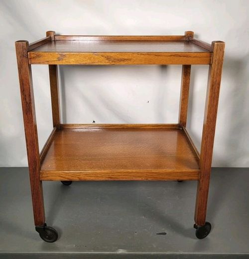Mid Century Oak Serving Drinks Trolley Two Tier Cocktail Trolley Caster Wheels 