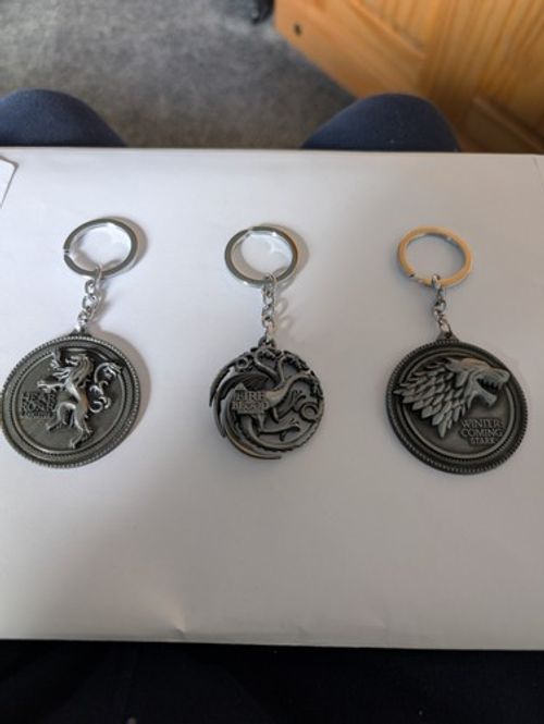 Set Of 3 Game Of Thrones Keyrings. Houses Targaryen, Stark & Lannister.