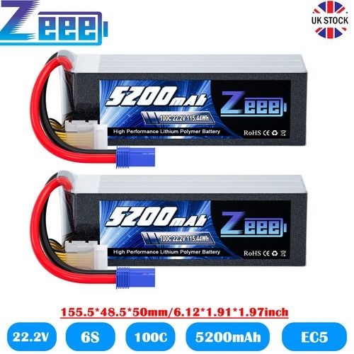 2pack Zeee 22.2V 6S LiPo Battery 5200mAh EC5 100C for RC Airplane Drone Boat FPV
