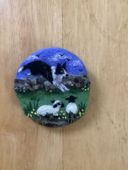 NEEDLE FELT BROOCH SHEEPDOG LEAPING FOR SPRING