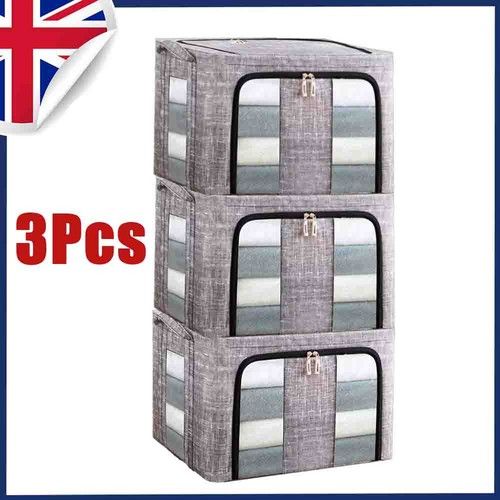 3x 66L Folding Storage Box Made of Thick Fabric Steel Frame Wardrobe Organizer
