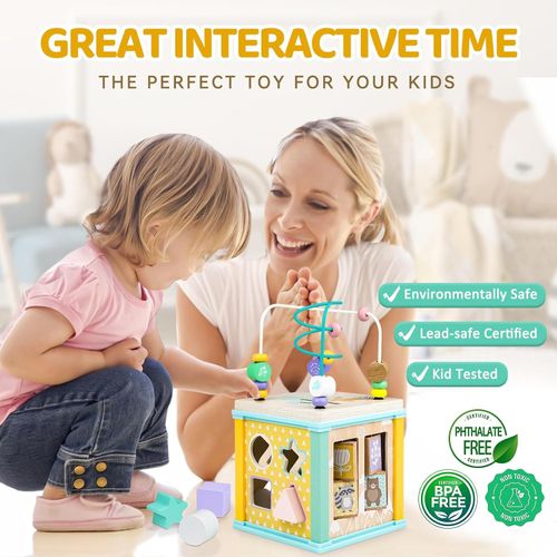 Wooden Activity Cube Toy 5 in 1 Bead Maze Shape Sorter Montessori Educational — image 6