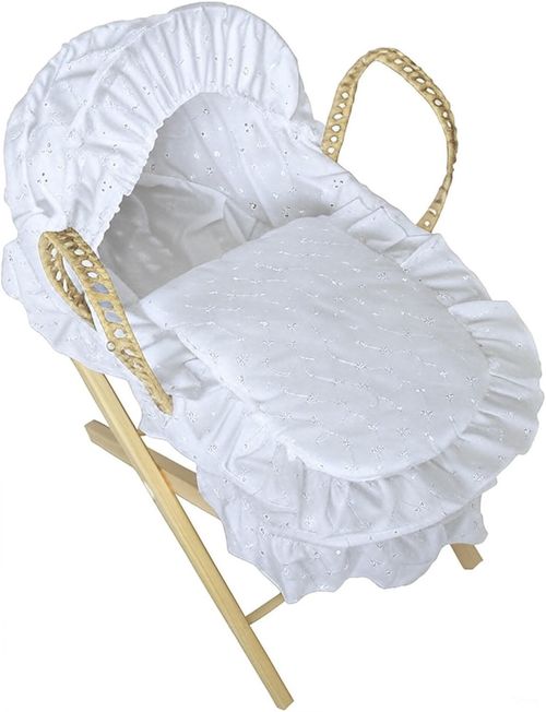 Dolls Moses Basket & Wooden Stand Set with Bedding – White Pink Blue Toy Gift — image 1