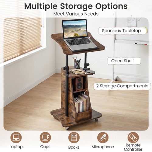 Rolling Podium Stand Height Adjustable Lectern With Tilting Tabletop Brown — image 9