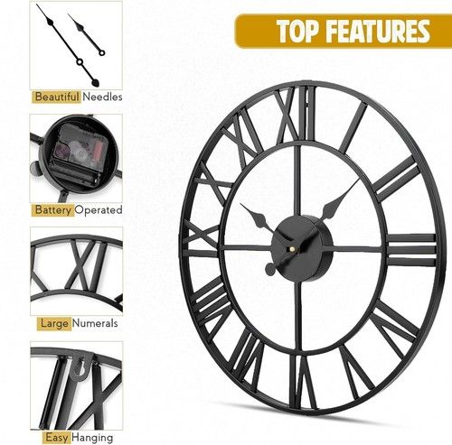 Indoor Outdoor Garden Clock Big Roman Numerals Metal Large Open Face Wall Clocks